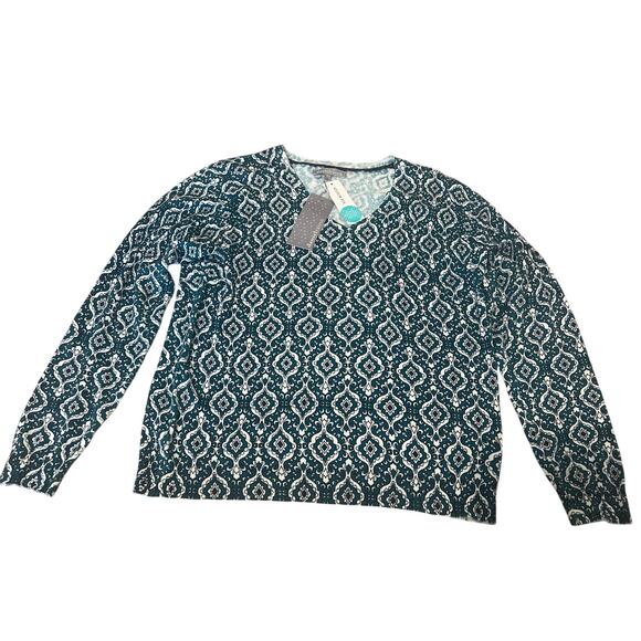 NWT Daniel Rainn Women’s Ari V Neck Sweater Medallion Size Large Teal Blue - Picture 1 of 6